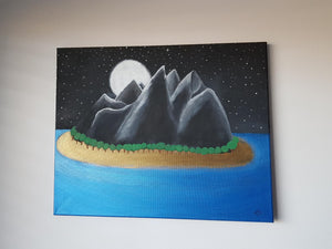 Hand-Painted Island with Moon-rise